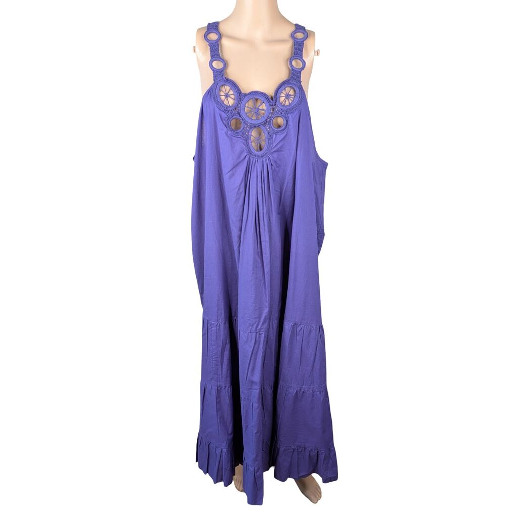 Pyramid Collection Purple Cotton Crochet O-Ring Tiered Midi Dress 2X Fairycore